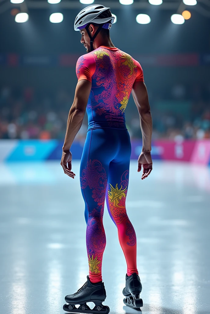 Colorful inline speed skating skill suit set, short-sleeved shirt and shorts, very beautiful pattern, available in blue, purple, pink, yellow.