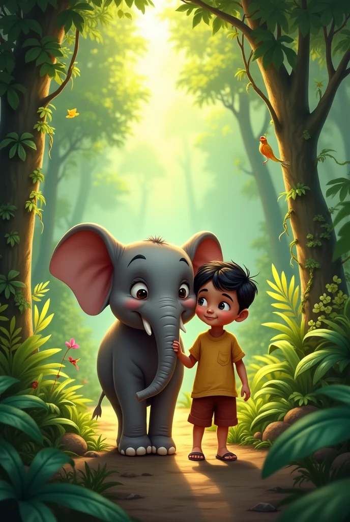 Once upon a time, there lived a little elephant and a  in a dense forest. The elephant's name was Moti and the boy's name was Ramu. Moti and Ramu were good friends and played in the forest every day.