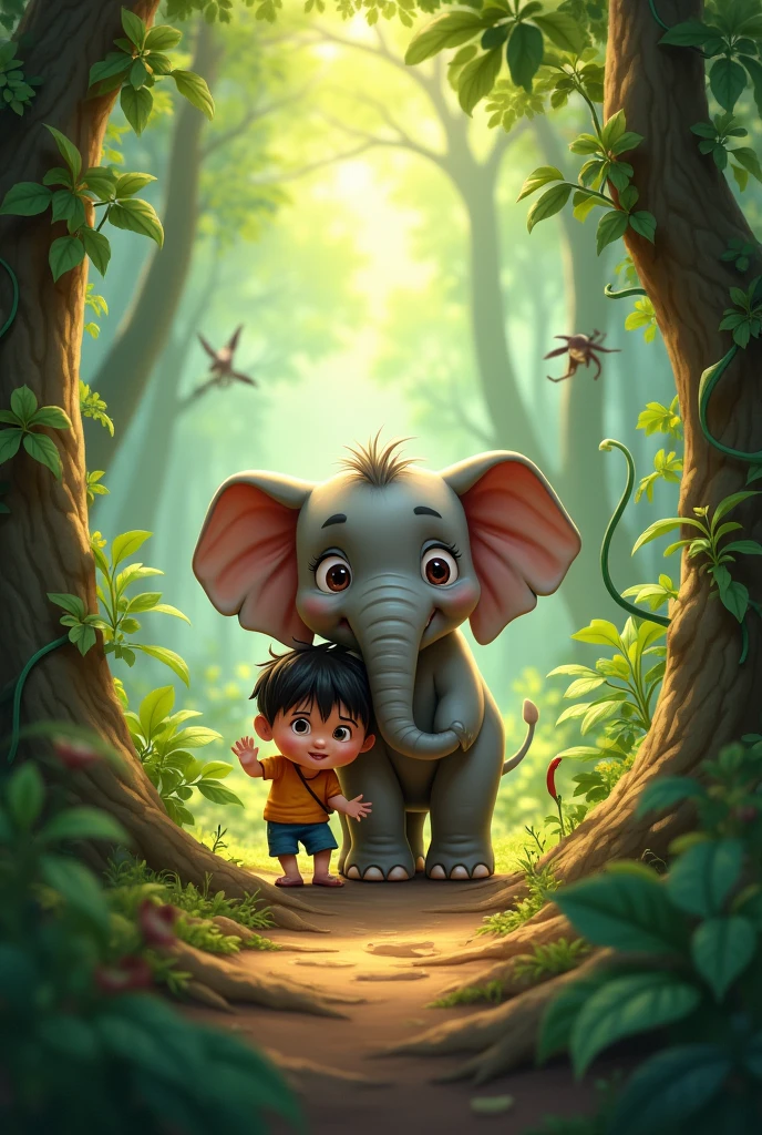 Once upon a time, there lived a little elephant and a  in a dense forest. The elephant's name was Moti and the boy's name was Ramu. Moti and Ramu were good friends and played in the forest every day.