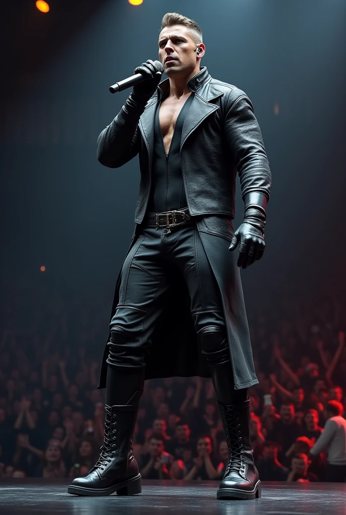 Create an innovative, futuristic and very masculine outfit for a male singer .That gives the impression of a powerful man.Let your posture be forward in movement, singing with microphone in hand , with people listening to him with jubilation .Someone imposing with broad shoulders but a solid, athletic body with a narrow waist that is very manly. .
Let your garment be new, something never seen before. In black and dark grey tones, it is made with fine details for the torso, it could be a shirt, a sweatshirt or something very close to your body..With fine futuristic details .But his torso is covered and with novel details in the pants that give it a futuristic impression..
With shiny black vinyl boots with novel details such as a thin, non-rounded toe that also has high, square heels that give it height., slim the singer and stylize him .