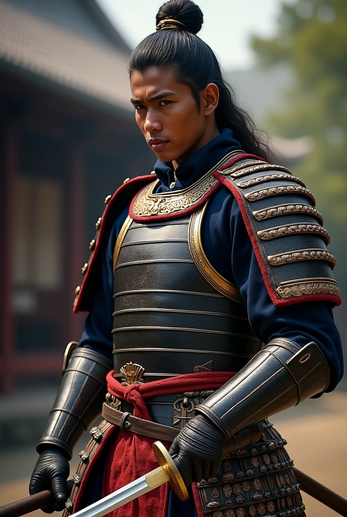 Indonesia youngman samurai in Japan late 16th century tall stature and dark complexion, dressed in full armor, wielding a traditional samurai sword