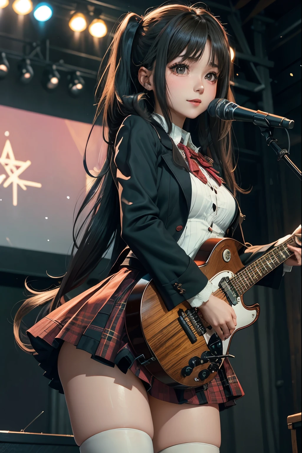 High school girl blazer、uniform、Red checked knee-length skirt、Long skirt、JK Style、Jacket、smile、Knee-high socks、Thigh-high socks、pantyhose、Extremely beautiful、Super cute、ennui、Rare Beauty、Dark black eyeshadow、sad、Skin radiance、Long Hair Straight Hair、Dark Gothic Makeup、Dark Smile、Fragrant beauty、Stained glass background、masterpiece、Highest quality、See 5 books、Sweat glistening on my chest、Sweat glistening on the face、Small breasts、2、Slightly slim、Mysterious look、Sad look、Mysterious Gothic Church、enchanting castle、Excessive sweating all over the body、Thighsに大量の汗と光、光沢のあるThighs、Thighs、Thighsに大量の汗が光る、sweat profusely、Gal、Small breasts、Japanese face、Captivating look、細いThighs、play the guitar、I have a guitar、Enthusiastic singing、バンドでplay the guitar、Playing guitar chords、Background of the live music venue、Sing a song、Open your mouth、Scenery of a live music venue、Mike stand、Glamorous live stage、Dynamic Angles、Vivid straight long hair、delicate straight hair、Extremely fair skin、