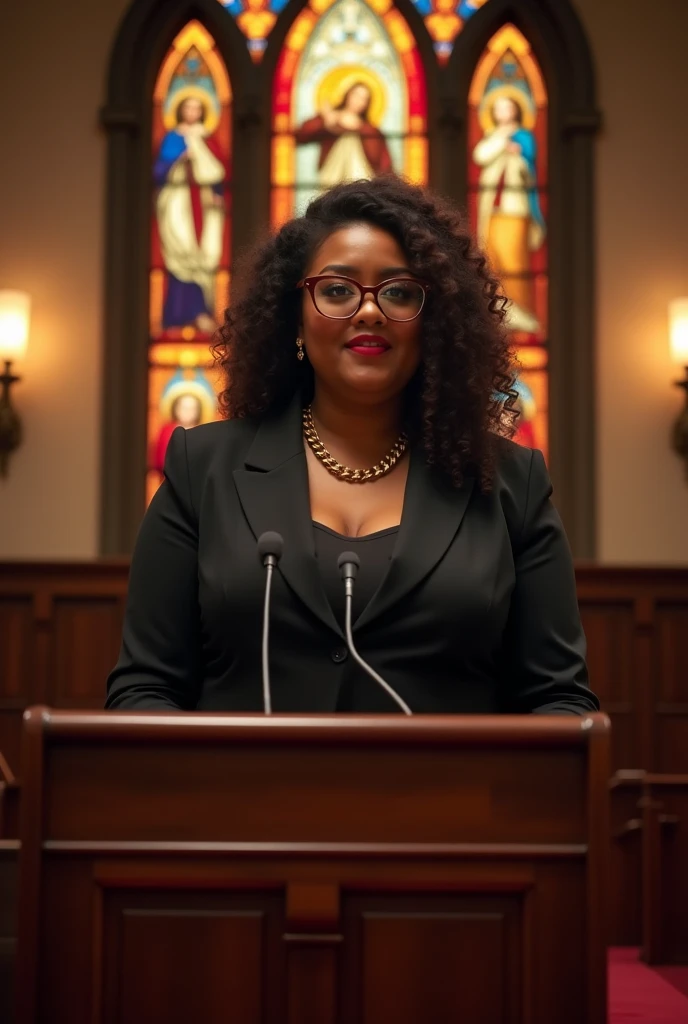 amazing beautiful super fat model milf,A confident and poised Black female politician with a commanding presence and a fuller body type, full body tall and plus size curvey body 5'9 265 lbs This mage should exude power,delivering a powerful speech inside a traditional gospel church. She stands at a wooden podium, dressed in an elegant black suit with a gold chain necklace. The church is warmly lit with stained glass windows depicting religious scenes. A choir, also in traditional gospel attire, is positioned behind her, singing passionately. The church is filled with an attentive congregation, and the atmosphere is vibrant and inspiring, combining historical architecture with a spiritual ambiance.