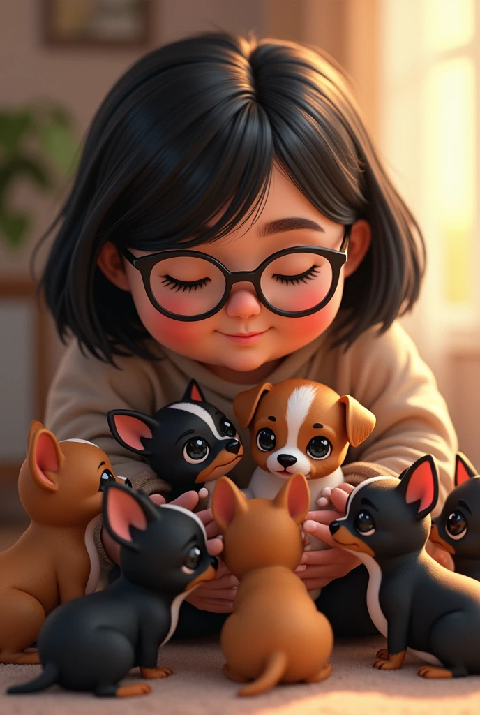 Chubby woman with short straight dark hair and glasses 7 black and brown chihuahua puppies