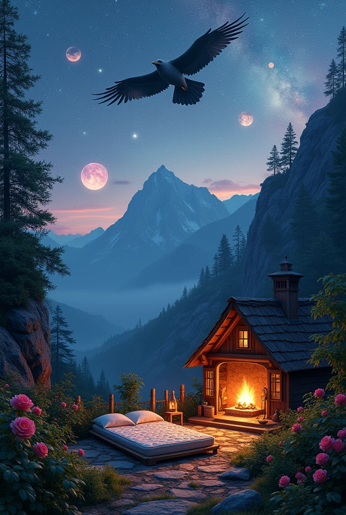 A mattress on a mountainside, a fireplace near the bed, a small hut, a strange and large bird in the sky, nature picturesque, vegetables pervading the place, beautiful roses at night, and the sky decorated with stars and planets. Realistic image. Many details. Beautiful. High accuracy. Fact. Cinematic