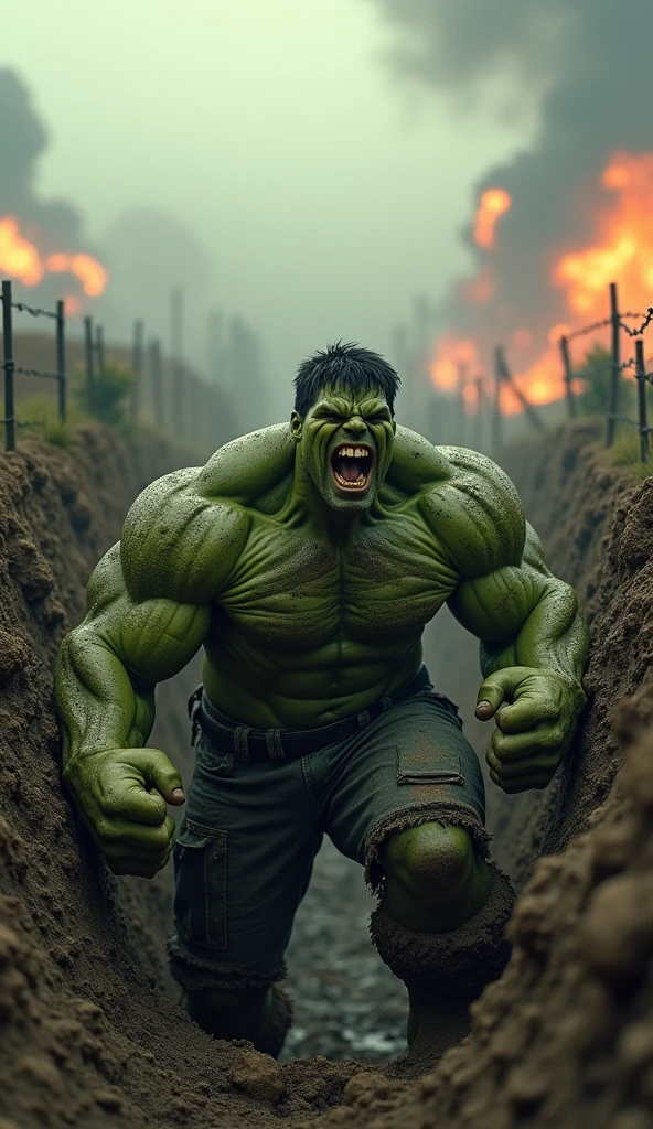 Hulk clocked in a realistic full-body shot, enduring the grimy adornments of mud and grime, roars from inside a barbed wire-imbued trench, his vigilant gaze scanning the impending chaos of a WWI battlefield, vintage style aesthetic, spurts of explosions, heavy artillery fire defining the background scene, bullet-ridden moment captured through hyperrealistic lens, shallow depth of field heightened by an 8