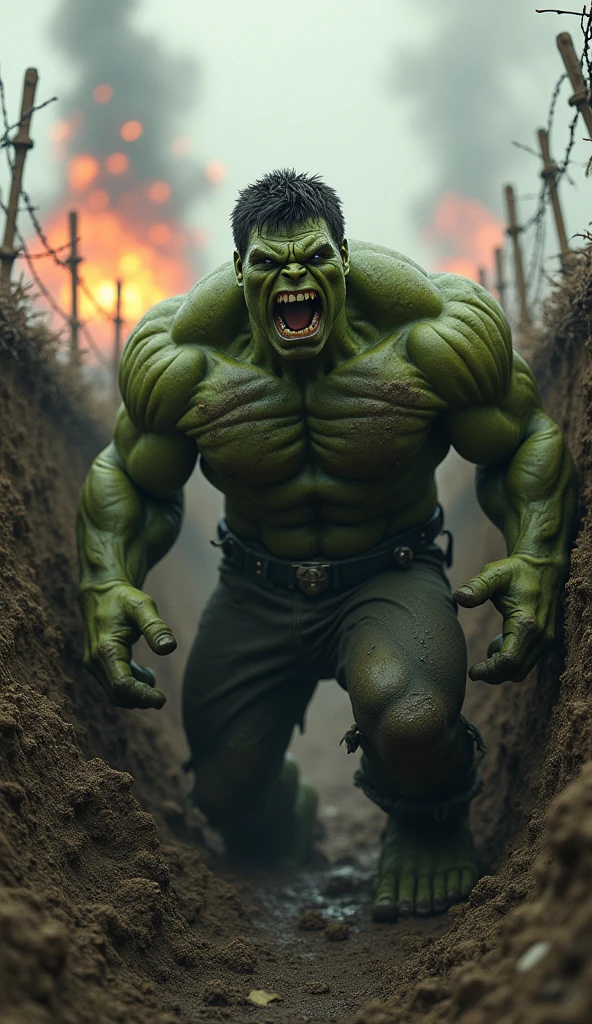 Hulk clocked in a realistic full-body shot, enduring the grimy adornments of mud and grime, roars from inside a barbed wire-imbued trench, his vigilant gaze scanning the impending chaos of a WWI battlefield, vintage style aesthetic, spurts of explosions, heavy artillery fire defining the background scene, bullet-ridden moment captured through hyperrealistic lens, shallow depth of field heightened by an 8