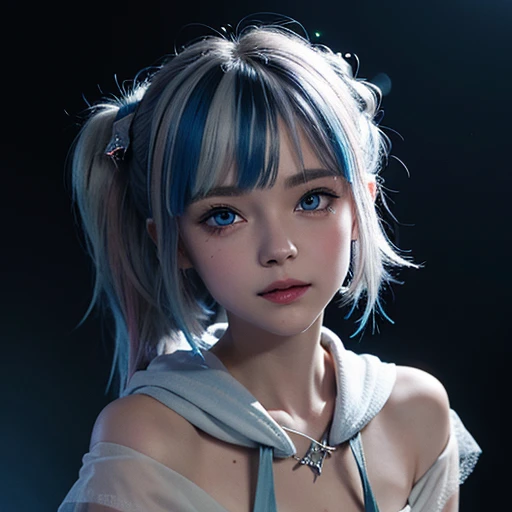 (masterpiece), 8k cg, stunningly beautiful girl, intricate details, chromatic aberration, ((bust shot)), ((looking at viewer)), 1girl, (gura, multicolored hair, blue eyes, side ponytail, blue shark hoodie, shark hair ornament, tail, short hair), (blue eyes, sparkly eyes, extremely detailed eyes), extremely beautiful and delicate portrait, , cute face, wide smile, joyful, soft cheeks, blush, makeup, absurdres, cinematic lighting, dynamic lighting, fantasy, ((dark background, fog))