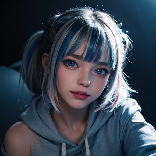 (masterpiece), 8k cg, stunningly beautiful girl, intricate details, chromatic aberration, ((bust shot)), ((looking at viewer)), 1girl, (gura, multicolored hair, blue eyes, side ponytail, blue shark hoodie, shark hair ornament, tail, short hair), (blue eyes, sparkly eyes, extremely detailed eyes), extremely beautiful and delicate portrait, , cute face, wide smile, joyful, soft cheeks, blush, makeup, absurdres, cinematic lighting, dynamic lighting, fantasy, ((dark background, fog))