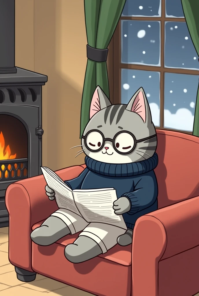 please make a cute picture of the chibi version of Felis Gyra's male cat, gray with patterns, wearing round glasses, wearing a warm navy blue sweater and white shorts, wearing a watch, the cat is facing the picture, the cat is sitting on the sofa reading a newspaper nearby The cute fire fireplace has eyes and a mouth, the room has a warm atmosphere because it's snowing outside, please draw it like Ghibli art, add thick lines to each image object to make it clearer