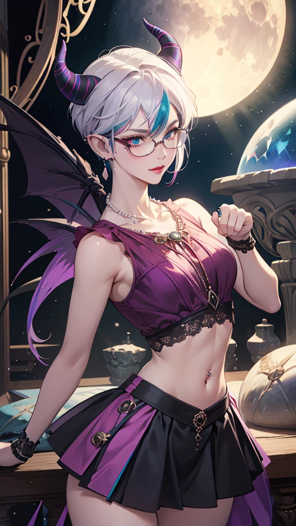 8k, masterpiece, best quality, highly detailed, 1 girl, tiefling, warlock, pixie cut, multicolored hair, very short straight hair red highlight hair on white hair, strippled hair, wearing glasses, round glasses, earrings, navel piercing, red eyeshadow, long eyelashes, blushed cheek, red lips, pearl necklace, rings, collarbone, mole on face, glamorous, teal and purple clothes, sleeveless, miniskirt, smirk, close up view, rings, looking at viewer, demon horns, solo, starry sky, pale blue moon, standing, boxing stance, demonic arms, chains on the background, black transparent laced gloves.
