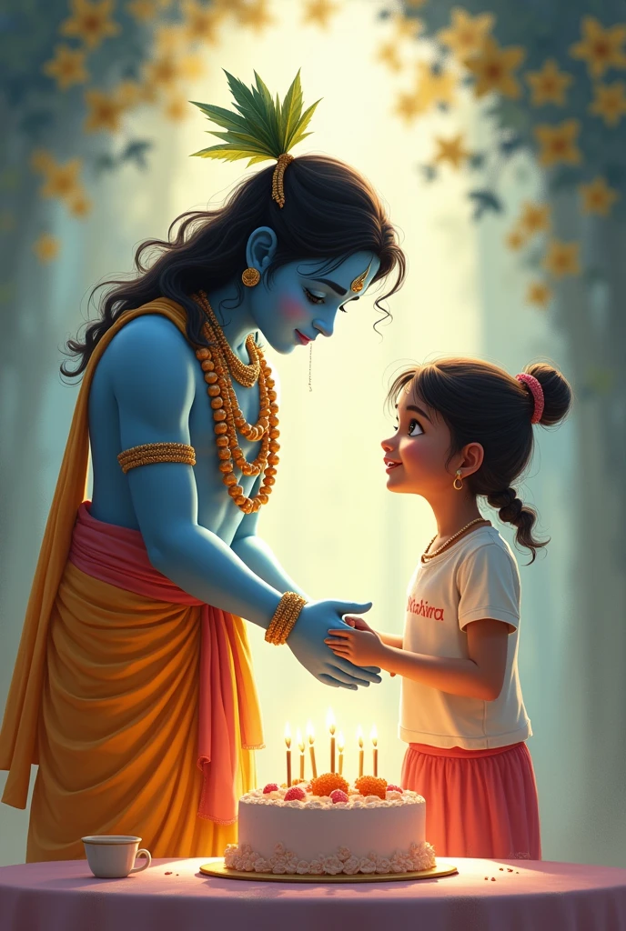 Lord krishna cutting the cake and vanshika also. Vanshika name is written on vanshika tshirt ,do not touch there hands together. Vanshika is looking to the cake , they both looking in front