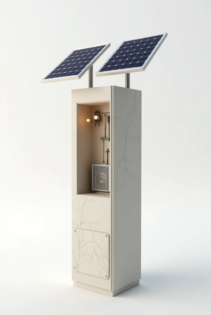 Two-meter-high educational product with two solar panels and a part to store the electrical components in a simple style, nodular and environmentally friendly