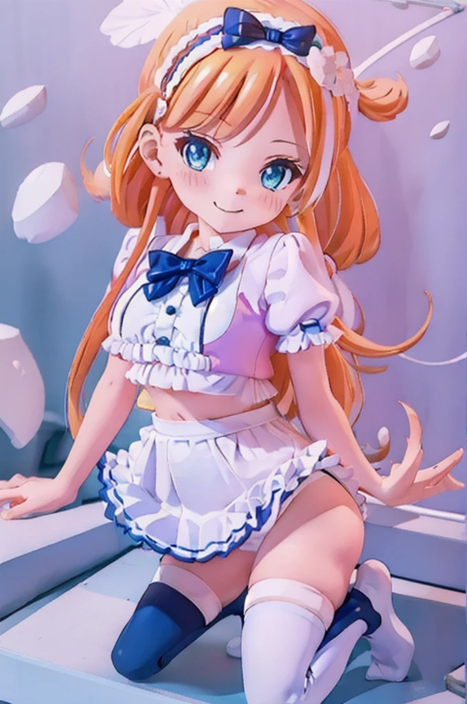 ((((ultra illustrated style:1.0)))),best quality,best animated,masterpiece,ray tracing, global illumination,kneeling, 1girl, solo,from side, skirt, thighhighs, school uniform, white thighhighs, long hair,smile, orange hair, white skirt, purple shirt, shirt, looking at viewer, short sleeves, hairband, sailor collar, puffy short sleeves, puffy sleeves, bangs, bow, simple background, bowtie, pleated skirt, no shoes, full body, white hairband, closed mouth, sailor shirt, frilled skirt, green eyes, frills, skirt hold, serafuku, blue eyes, blush, miniskirt, blunt bangs
