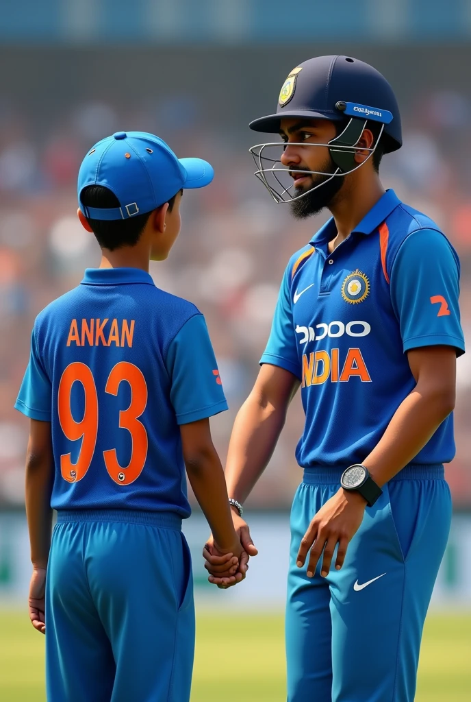 A teenage boy wearing indian cricket team jearsy name Ankan number 93 showing his back and hand  shake with  virat kholi