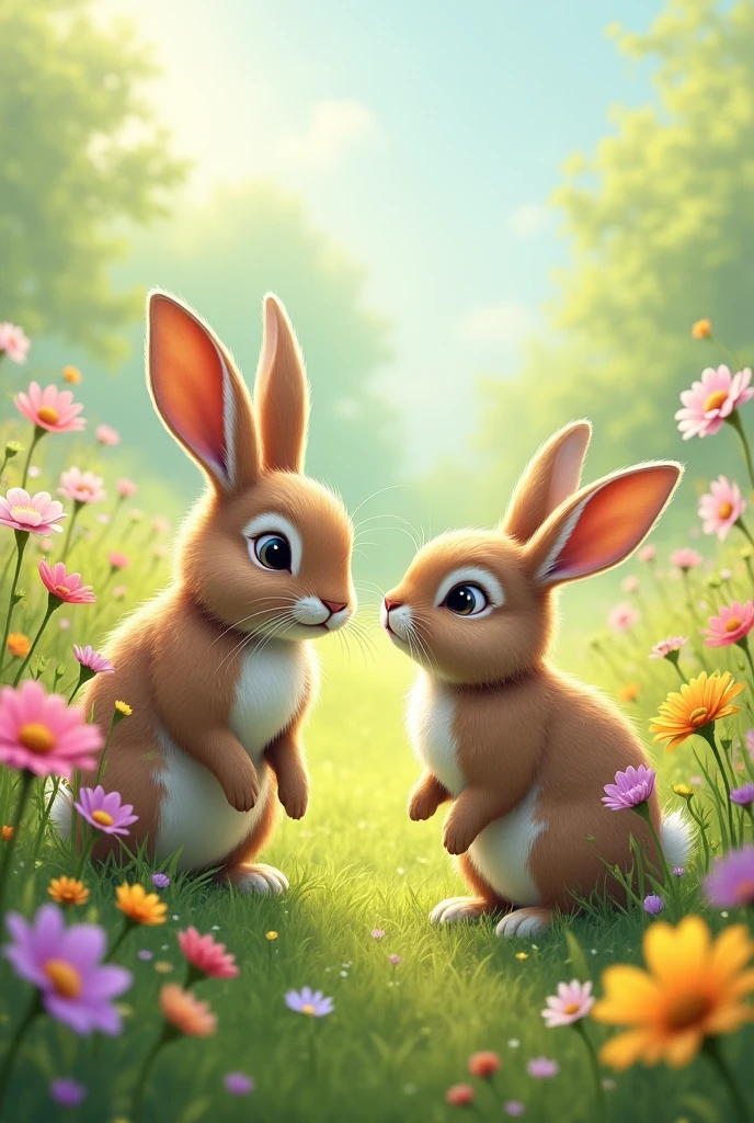 Two rabbits were exploring the fields and only the female Rabbit is sniffing the flowers in the field