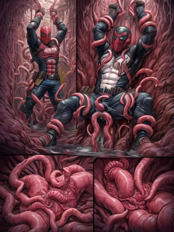 Marvel Heroes, Deadpool, Tentacle entanglement, uniform, Binding hands togethe, Foreign object invasion, monster breeding, wet, slime, tentacles, slimy tentacles, monster and human breeding, Tentacles wrapped around the body, Insert tentacles into the body, Blocked mouth by tentacles, Both hands are bound, The reproductive organs are covered in tentacles, The chest was torn apart by tentacles, Tentacles penetrate deep into clothes, Complete wearing of trousers, Do not expose the reproductive organs, Do not touch the lower body, The sexual organs do not become erect