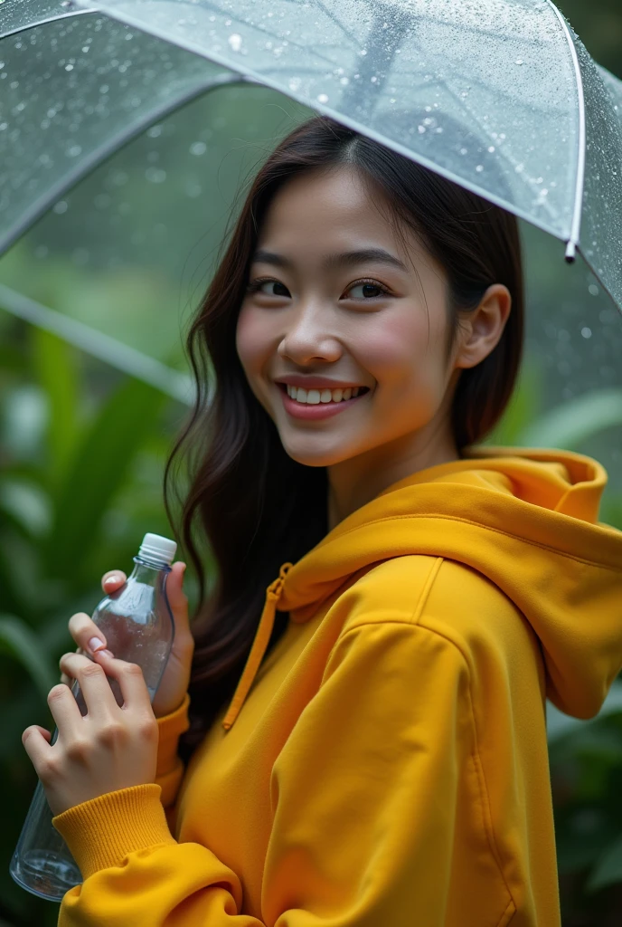 (photorealism:1.2), beautiful woman face Indonesian, half body, wearing yellow jacket hoodie, left hand holding umbrella and right hand holding water mineral botol plastic, with rainy weather, outdoor, soft lighting, plants in background, cozy room, relaxed pose, realistic, intricate details, warm colors