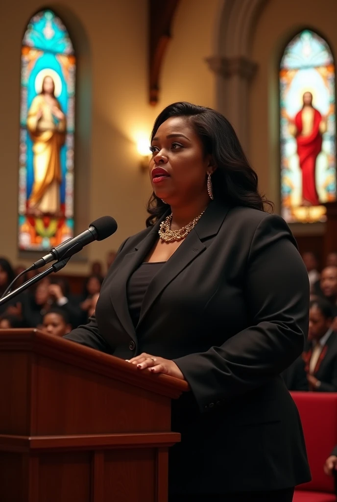 amazing beautiful super fat model milf,A confident and poised Black female politician with a commanding presence and a fuller body type, full body tall and plus size curvey body 5'9 265 lbs This mage should exude power,delivering a powerful speech inside a traditional gospel church. She stands at a wooden podium, dressed in an elegant black suit with a gold chain necklace. The church is warmly lit with stained glass windows depicting religious scenes. A choir, also in traditional gospel attire, is positioned behind her, singing passionately. The church is filled with an attentive congregation, and the atmosphere is vibrant and inspiring, combining historical architecture with a spiritual ambiance.