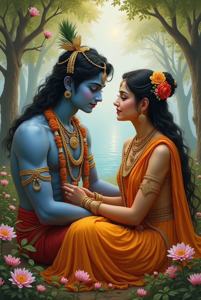 Very beautiful childhood Krishna looking Radha in her