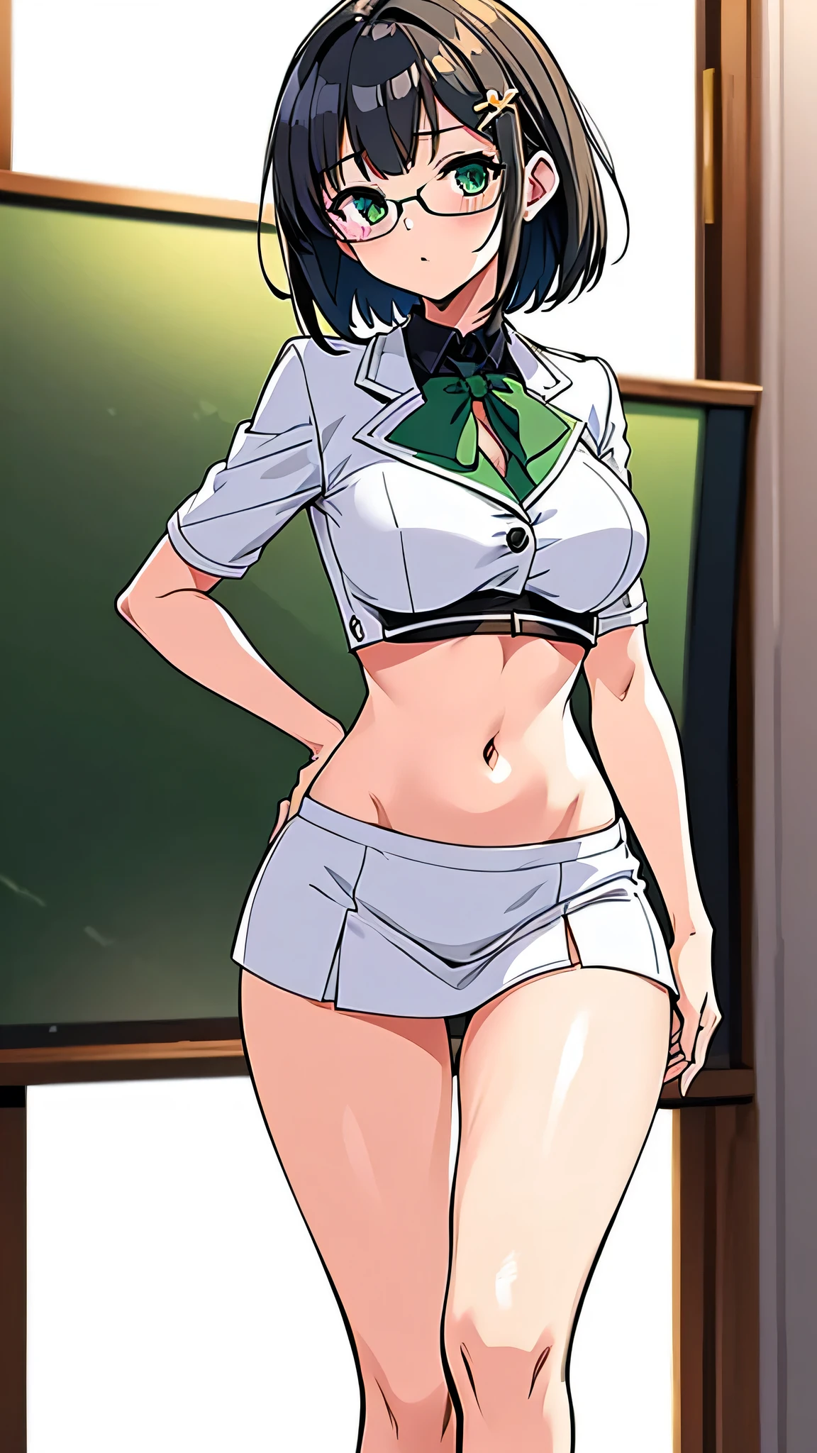 full body, open legas,all intricate details, cientificamente: perfect body, girl 1, (masterpiece, best quality:1.2), illustration, solo, 1girl view, short hair, white hair, green eyes, short green blazer, black miniskirt, detailed background, looking at viewer, hair ornaments, indoors, sexy pose, front angle, open clothes, nude +18, uncensored