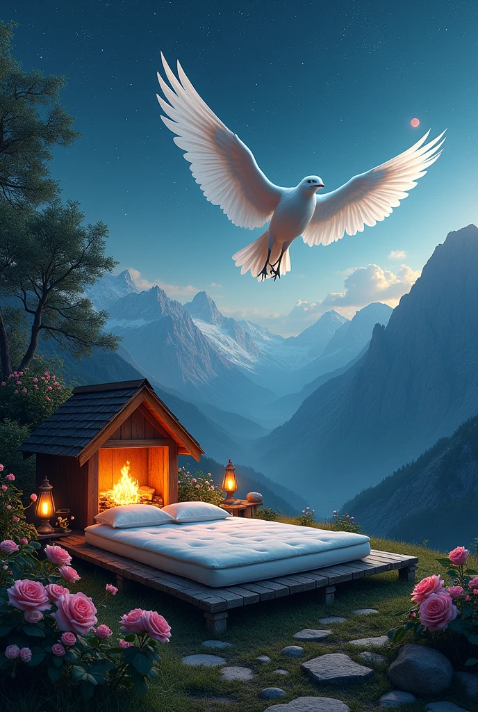A mattress on a mountainside, a fireplace near the bed, a small hut, a strange white and large light bird in the sky, nature picturesque, greenery pervades the place, beautiful roses at night, and the sky decorated with stars and planets. Realistic image. Many details. Beautiful. High accuracy. Fact. Cinematic