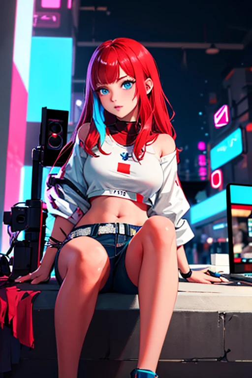 high quality, subsurface scattering, chromatic lighting,
colorized, red + white limited color palette, 
detailed concept drawing,
Street girl, cyberpunk fashion, futuristic fashion, plain background, at a photo studio,
portrait, 20yo 1girl, medium soft breasts, slender, long red hair, blue eyes, posing