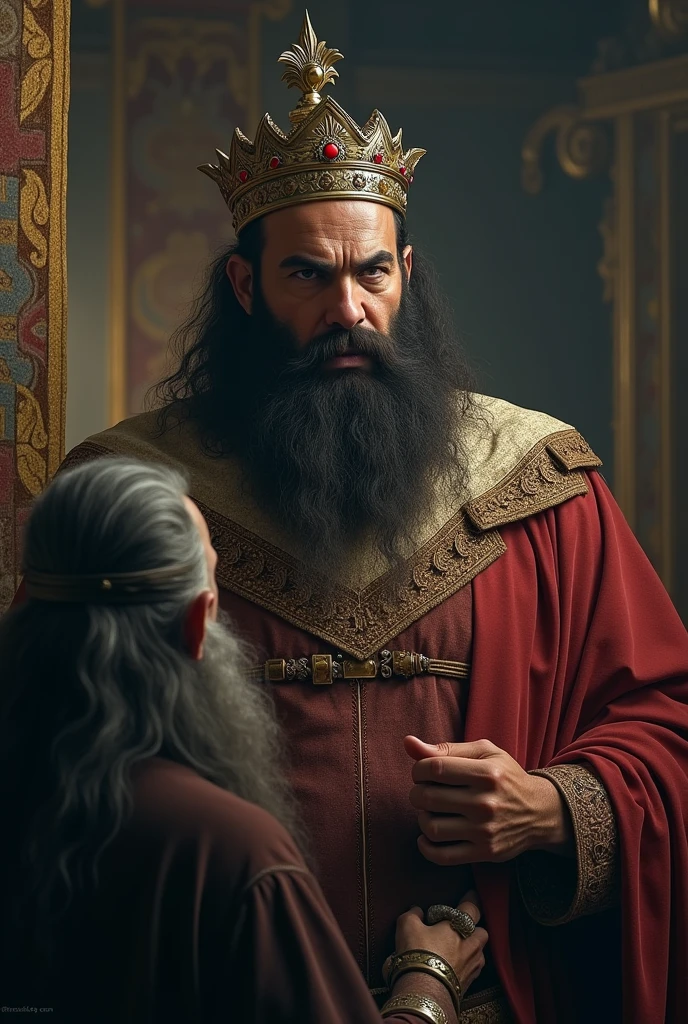 Kansa Hearing the Prophecy:
Kansa, a fierce and worried king, listening to the prophecy from a sage or oracle. The atmosphere is tense, with Kansa’s expression showing concern and anger.