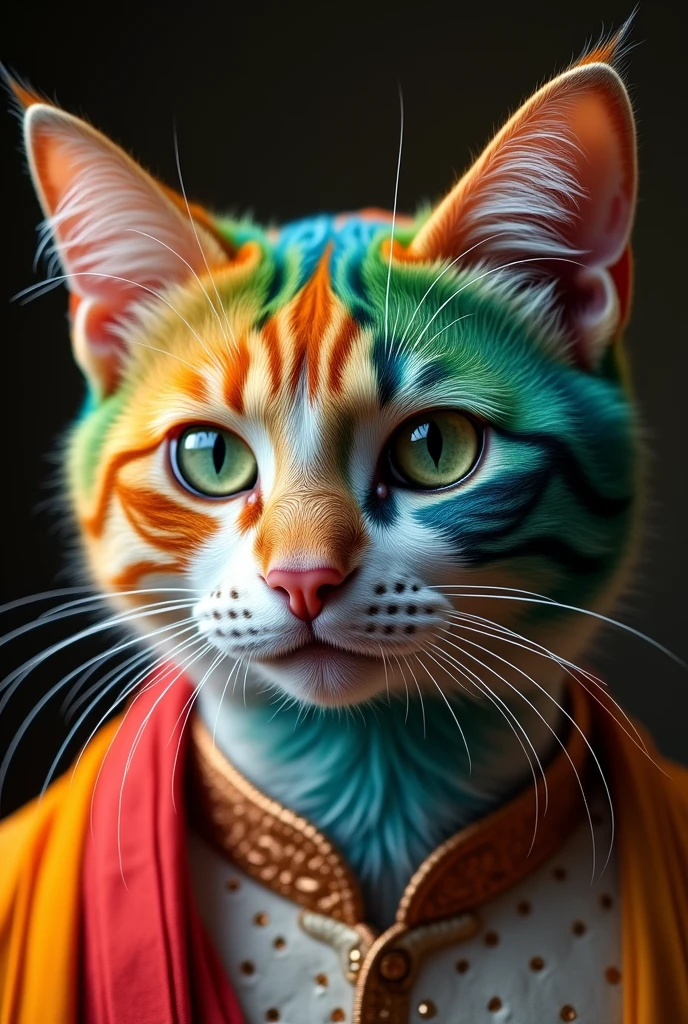 Prompt 5**: A close-up of the handsome human male face rainbow coloured cat's face, highlighting his green eyes and the small tilak on his forehead. His fur is sleek, and wearing a traditional punjabi and his expression is one of calm and confidence, reflecting his smart and handsome nature.