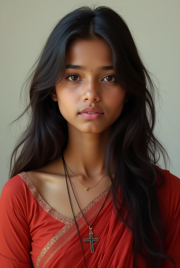 A girl with natural beauty and long hair she is a Kerala girl  that girl was zero makeup she is a Christian girl she have a jesus cross pendant in she's neck she have a red churidar  she was medium sized body


