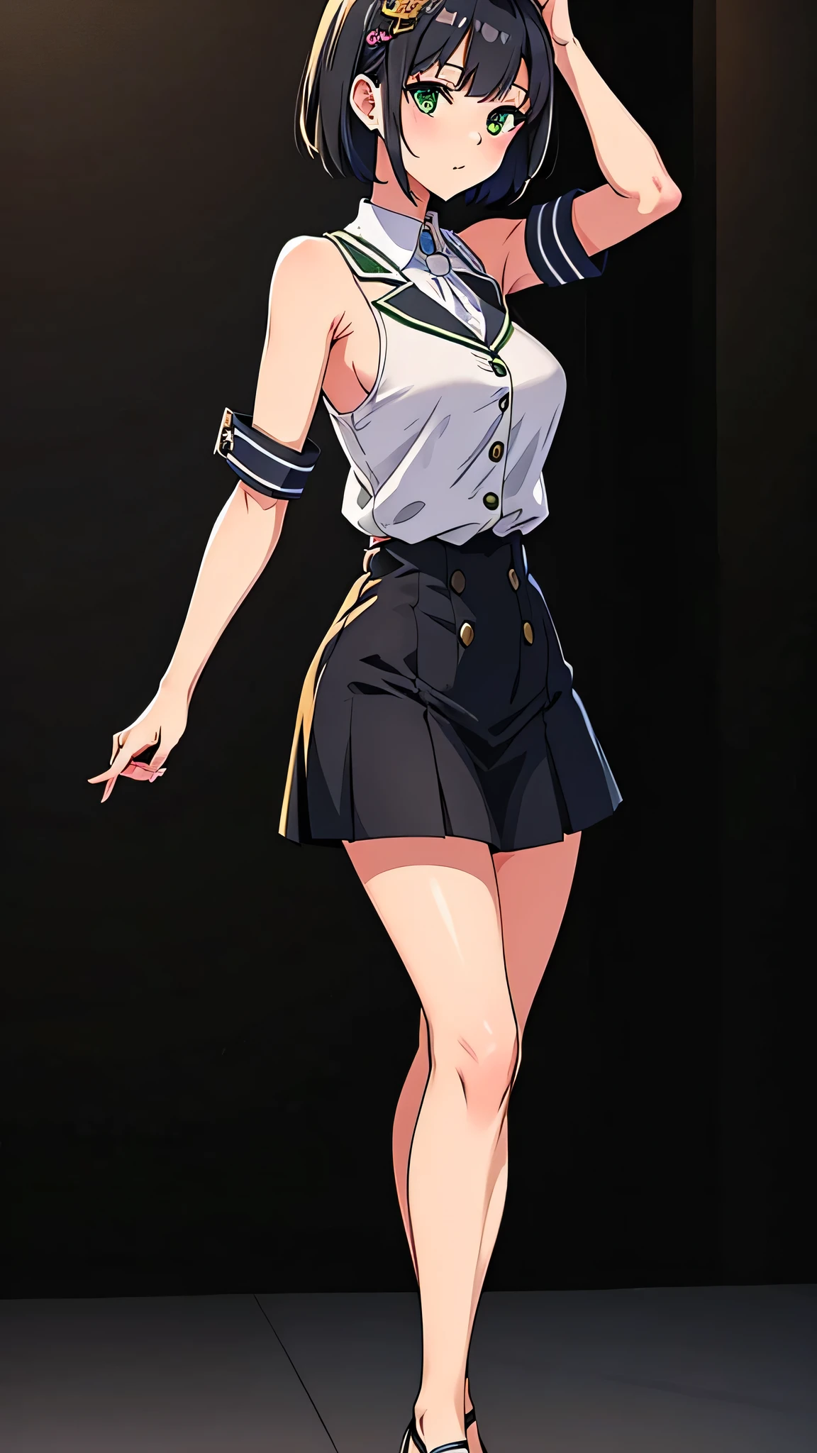 full body, open legas,all intricate details, cientificamente: perfect body, girl 1, (masterpiece, best quality:1.2), illustration, solo, 1girl view, short hair, white hair, green eyes, short green blazer, black miniskirt, detailed background, looking at viewer, hair ornaments, indoors, sexy pose, front angle, open clothes, nude +18, uncensored