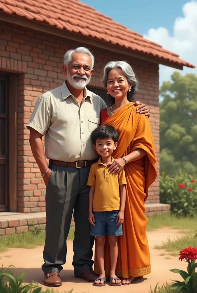 Scene: A newly built brick house in the village, with Ramu’s parents standing outside, smiling. Ramu, now dressed in professional attire, stands beside them, looking content.Prompt: "A newly built brick house in a village, an older couple smiling happily, with their son in professional attire standing beside them, looking content."
