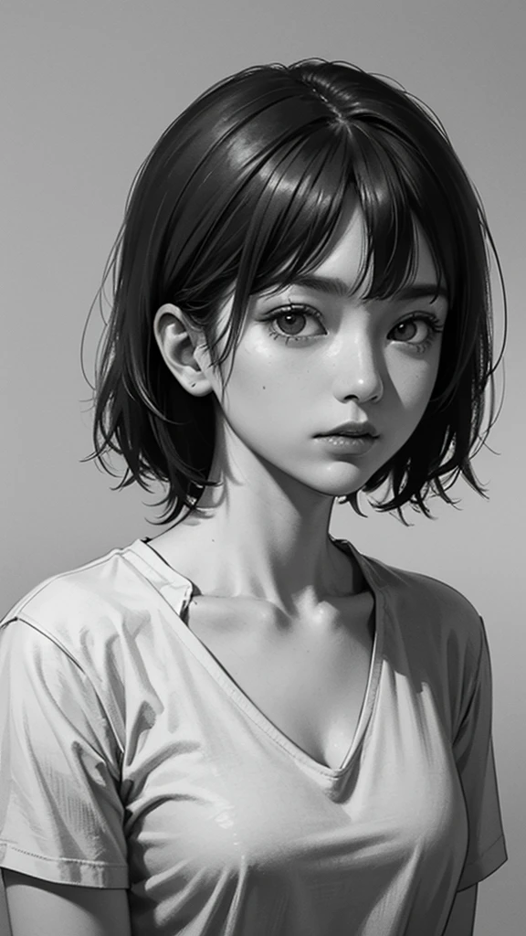 1 boyish asian girl, solo, sharp eyes, monochrome, greyscale, short black hair, portrait, T-shirt, closed mouth, looking at viewer, sketch, graphite \(medium\), detailed lips, hatching \(texture\), without makeup, bangs, upper body, (best illustration), (best quality), (very detailed), (masterpiece), expressionless,