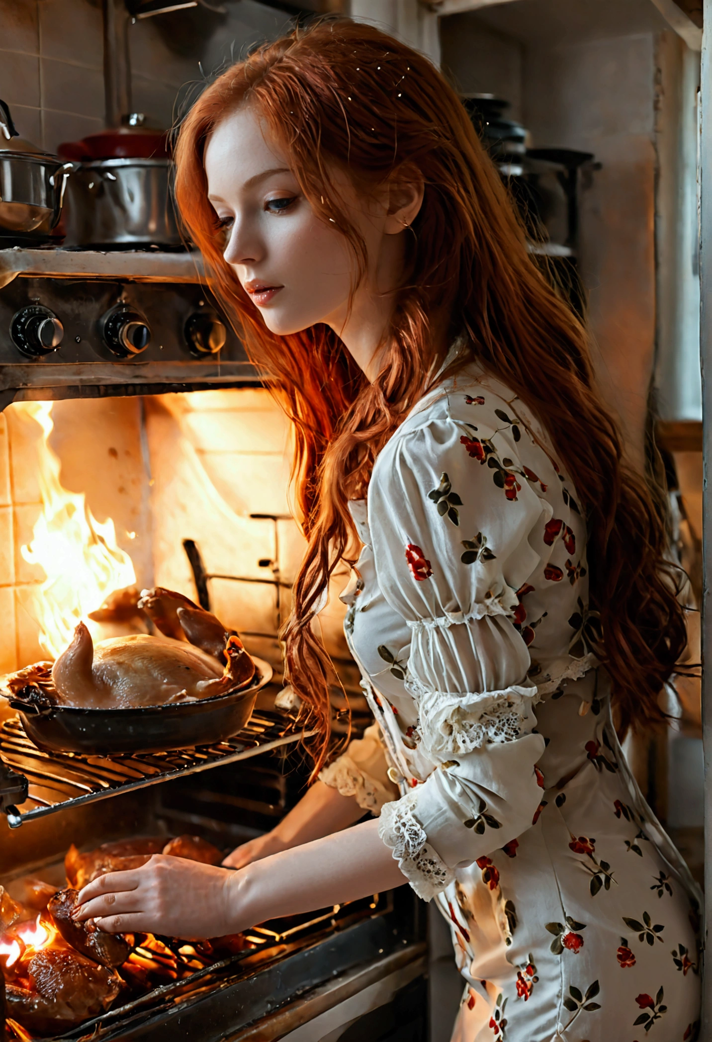 (full body shot:1.7) realistic images (standing posture:1.9) surreal, photography, long red hair, female, 2, hourglass shape, perfect body, flirtatious expression, Natural medium breasts, blur background, Wearing housewife&#39;s clothes, I bent down to look into the oven., There&#39;s a roast duck in the oven.