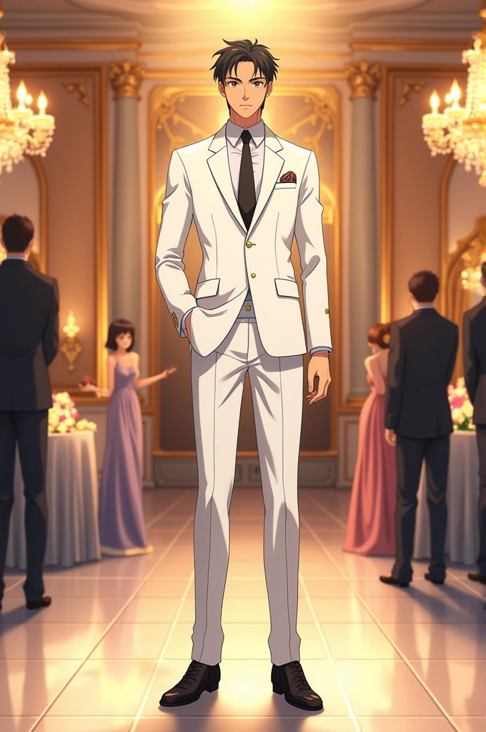 Seiya Kou from Sailor Moon anime from the 90's dressed in an elegant white suit at an anniversary party