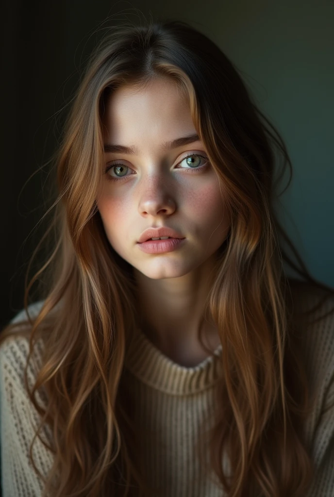 tween Ukrainian girl, junio body with long hair, lovely eyes, big eyes, plump lips, full lips, button nose, pale skin, flat chest, with a more elegant and sophisticated touch which corresponds to her mysterious and strong personality. Her appearance would be striking, attracting curious and intrigued glances, flat chested, cinematic lighting, chromatic aberration, Backlight, masterpiece, high detail, high quality, 4K.