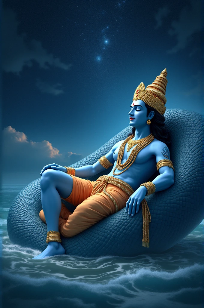 Serene Vishnu on Ananta Shesha: Vishnu resting peacefully on the coiled serpent Ananta Shesha, with a calm expression, golden crown, and blue skin. The scene is set in a cosmic ocean with starry skies.