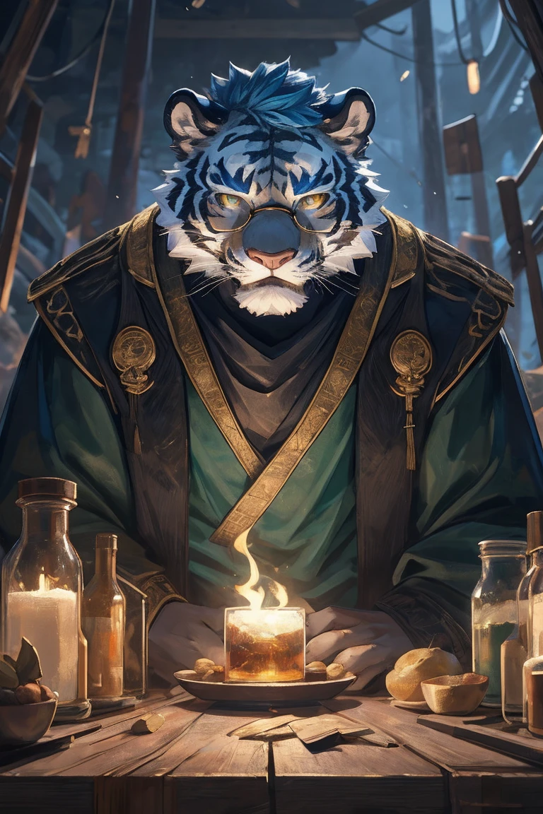 best quality，Ultra HD，Upper Body，The most exquisite eyes［The most exquisite eyes：2.1］，Exquisite facial features，Close perspective，In the ruins，Sitting at a wooden table and conducting a chemical experiment，Scientific researchers，male，White Tiger，There is a small patch of blue hair on the forehead，Golden Eyes，Wearing black frame glasses，Upper Body穿着白色长外套［White coat：2.2］，The lower body is wearing green camouflage pants，Black combat boots。
