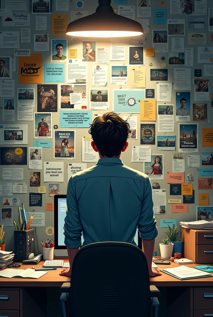 Back shot of a lasy clumsily looking at wall covered with social media posts, videos, motivational quotes and travel pictures