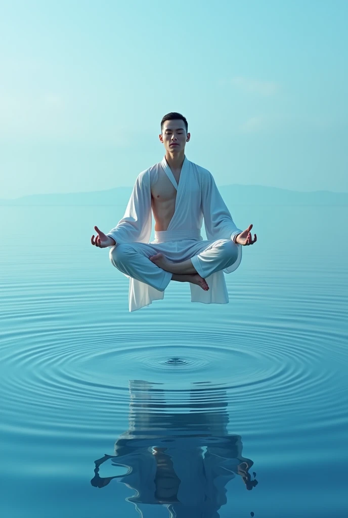 3D view, a huge blue lake surface, a white skinned man suspended in meditation on the water surface, with ripples under his feet. A perfect figure, handsome man, perfect abs, perfect muscle curves, a handsome man dressed in Hanfu Xianfeng Daogu ((Chinese style, Asian male))