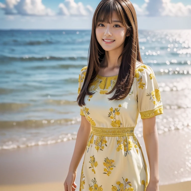 (Calm and gentle look:1.2), (Full Body Shot:1.3), (panorama:1.8), Cinema Lighting, ((Highest quality)), (RAW Photos, Highest quality), ( Realistic:1.4), realism, masterpiece, Very delicate and beautiful, Very detailed, 4K wallpaper, wonderful, finely, Very detailed CG unity 8k wallpaper, Very detailed, High resolution, Soft Light, Japanese, (one shot:1.9), (2:1.6), (Round face:1.2), (Fat:0.8), (A very neat woman:1.5), Beautiful detailed woman,Famous Japanese actresses, Detailed face, finelyて美しい目, Very detailedな目と顔, Beautiful eyes and a beautifully detailed nose, Ultra HD glossy lips, (Straight Hair:1.4), Shiny Hair, Shiny Hair, Brown Hair, (bangs:1.4), Long, slender legs, Toned body, (Smiling:1.6), Glossy and moisturized lips, Natural Makeup, (LET IT PASS, floral pattern, yellow, Short sleeve dress:1.4), (embroidery, A very intricate and elaborately decorated dress:1.3), (pumps:1.2), (A fashion model posing on the beach:1.2), (Deep blue midsummer sky, cumulonimbus, The ocean with a wide horizon:1.3),