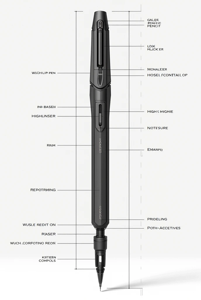 Technical blueprint: multifunctional pen that has a mechanical pencil, pen, hexagonal body, highlighter, eraser and correction fluid as its funtions