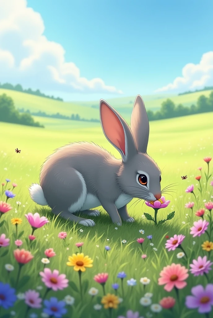 the female Rabbit is sniffing the flowers in the field