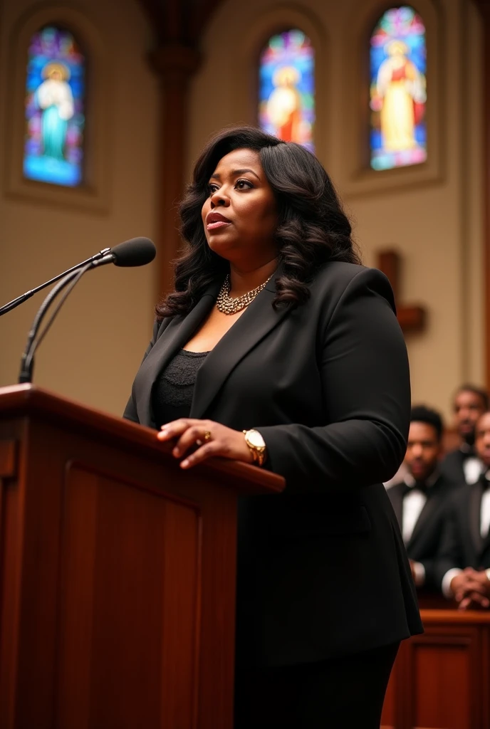 amazing beautiful super fat body builder model milf,A confident and poised Black female politician with a commanding presence and a fuller body type, full body tall and plus size curvey body 5'9 265 lbs This mage should exude power,delivering a powerful speech inside a traditional gospel church. She stands at a wooden podium, dressed in an elegant black suit with a gold chain necklace. The church is warmly lit with stained glass windows depicting religious scenes. A choir, also in traditional gospel attire, is positioned behind her, singing passionately. The church is filled with an attentive congregation, and the atmosphere is vibrant and inspiring, combining historical architecture with a spiritual ambiance.