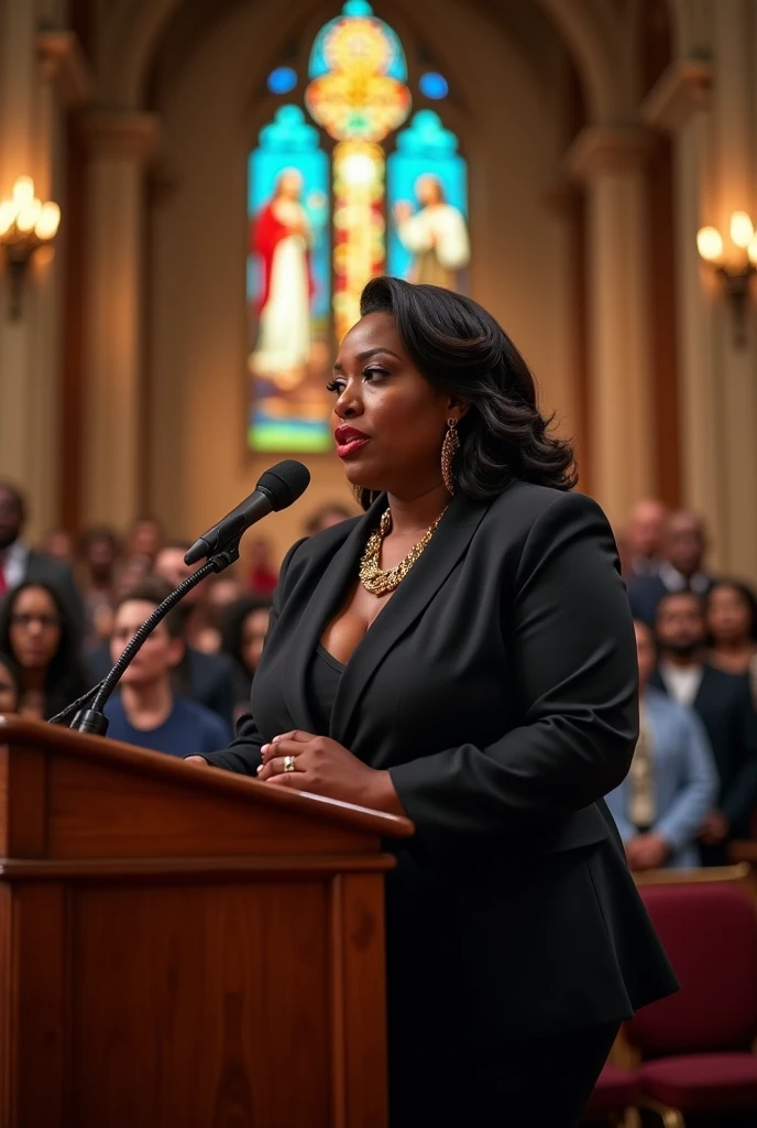 amazing beautiful super fat body builder model milf,A confident and poised Black female politician with a commanding presence and a fuller body type, full body tall and plus size curvey body 5'9 265 lbs This mage should exude power,delivering a powerful speech inside a traditional gospel church. She stands at a wooden podium, dressed in an elegant black suit with a gold chain necklace. The church is warmly lit with stained glass windows depicting religious scenes. A choir, also in traditional gospel attire, is positioned behind her, singing passionately. The church is filled with an attentive congregation, and the atmosphere is vibrant and inspiring, combining historical architecture with a spiritual ambiance.