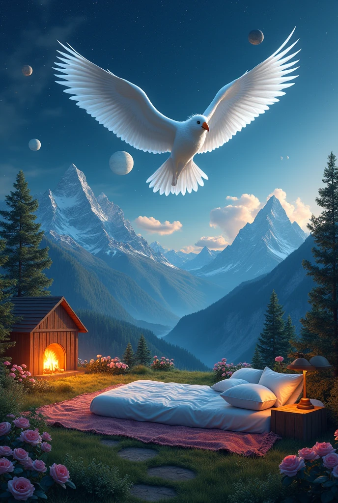 A mattress on a mountainside, a fireplace near the bed, a small hut, a strange white and large light bird in the sky, nature picturesque, greenery pervades the place, beautiful roses at night, and the sky decorated with stars and planets. Realistic image. Many details. Beautiful. High accuracy. Fact. Cinematic 