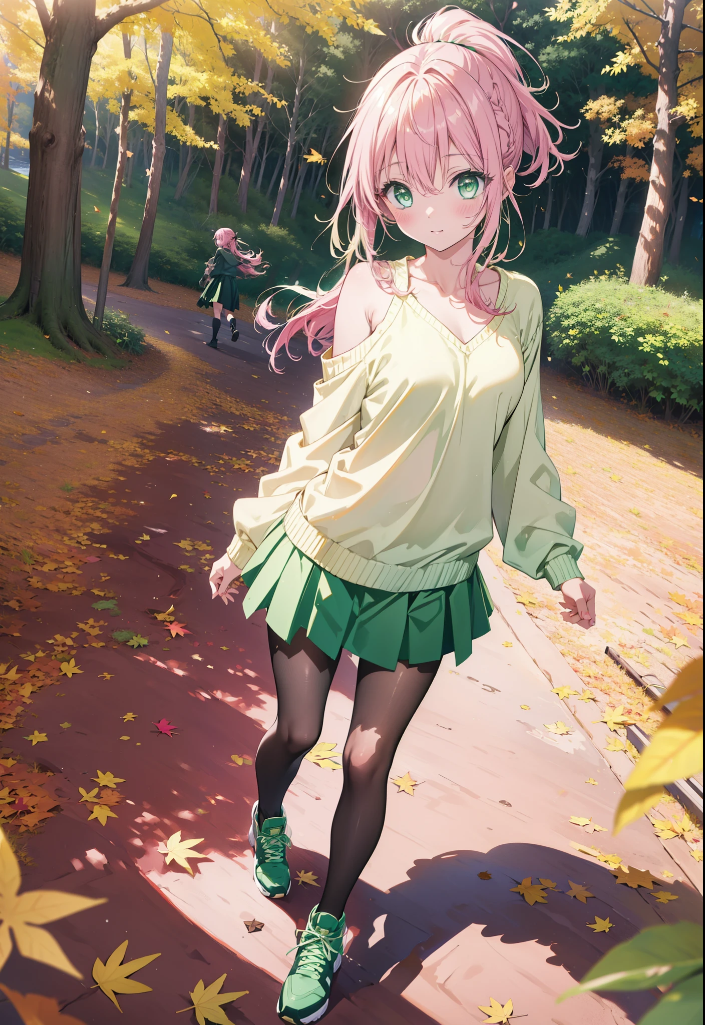 Laladevi Luke, Lara Deviluke, Long Hair, Pink Hair, tail, Ahoge, bangs, hair ornaments, (Green Eyes:1.5), smile,Open your mouth,ponytail,Open your mouth,blush,
break demon tail, One-shoulder sweater,mini skirt,Black pantyhose, short boots,Walking,autumn leaves,autumn leavesが散っている,autumn leavesが積もっている,Daytime,Clear skies,whole bodyがイラストに入るように,
break outdoors, forest,
break looking at viewer, whole body,
break (masterpiece:1.2), Highest quality, High resolution, unity 8k wallpaper, (figure:0.8), (beautiful detailed eyes:1.6), extremely detailed face, Perfect lighting, extremely detailed CG, (Perfect hands, Perfect Anatomy),