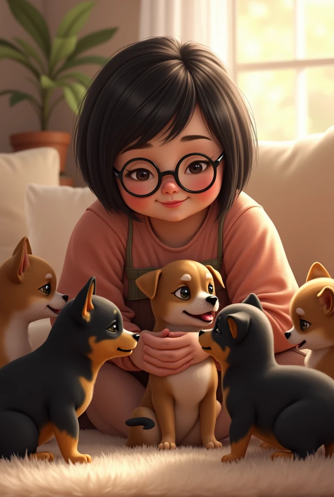 Chubby woman with short straight dark hair and glasses 7 black and brown chihuahua puppies
