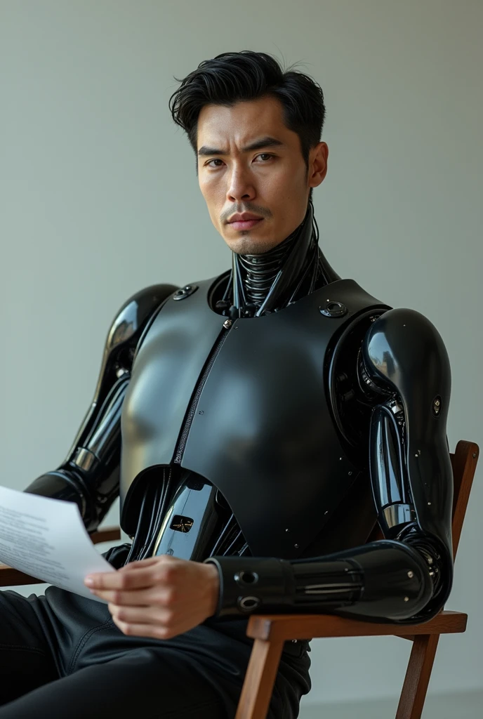 {{一位“male”導演單手上拿著劇本做在椅子上臉看著鏡頭,best quality, 1080P, masterpiece, Ultra-high resolution, Reality, 超Reality主义, Realistic skin texture, Ultimate skin detail, Digital SLR Camera, Handsome eyes, Facing the camera, very handsome face, Simple facial structure, Pale skin, Realistic skin texture, Ultimate skin detail, oc render reflection texture, Realistic light and shadow, Single image, solitary, black hair, fit、balance., 40 years old, Height 175cm, male, 拥有机械身体的male手上拿著手機靠在耳旁使用著高科技手機通訊., Transparent futuristic black glass mech suit, The mechanical cervix is attached to the neck., Circuit stuck in the middle of the back., Perfect robotic arm,front,,正身 Half-length photo, Half-length photo.}}
