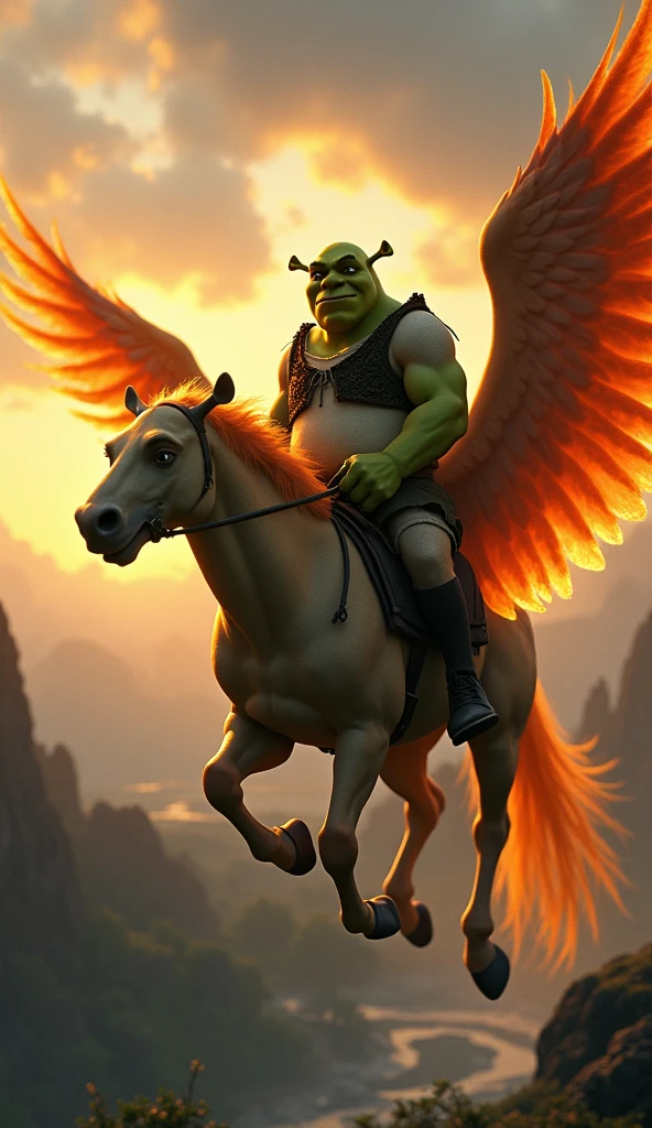 Shrek, with his massive green frame, rides atop a majestic phoenix, its fiery wings casting a warm glow against the twilight sky. The contrast between the ogre’s ruggedness and the phoenix’s ethereal beauty is striking. The wind rushes past them, rustling Shrek’s tattered clothes as he grips the reins with a mix of determination and awe. Below, the swamp stretches out, now bathed in the golden light of the phoenix's flames. In that moment, Shrek is more than just an ogre—he's a symbol of raw power and unexpected grace, soaring high above the world he once knew.